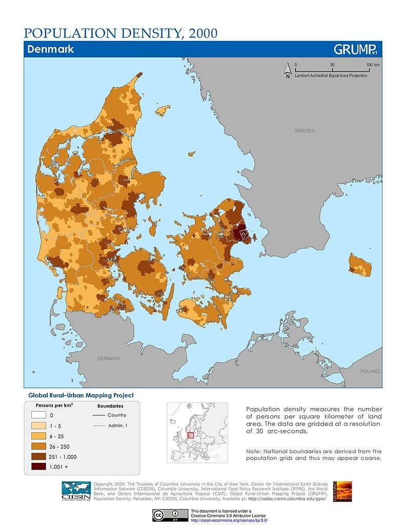 デンマーク人口密度の地図